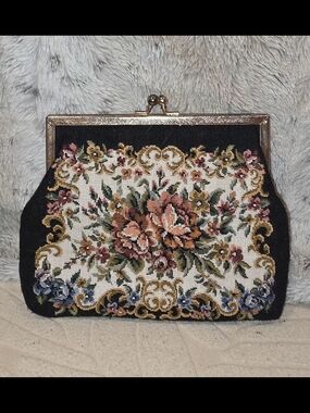 Vintage Floral Tapestry Clutch Handbag in Black and Multicolor